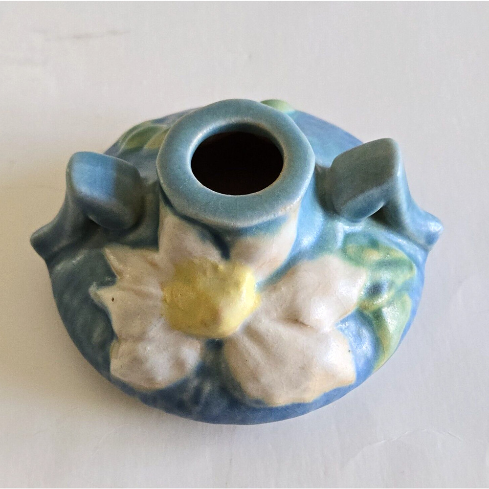 Vintage Roseville Pottery Candle Holder Clematis Blue Floral Retro USA 1940s - Picture 4 of 11